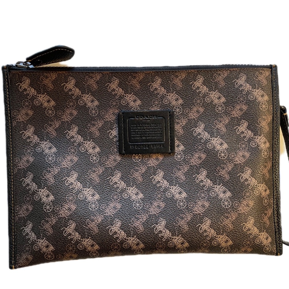 Coach Mens Field Tote Clutch Zip Pouch Brown Signature